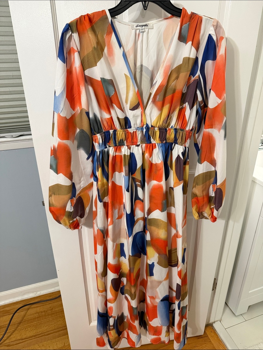 Abstract Multicolor V-Neck Midi Dress by Daisy - Orange, Blue & Mustard